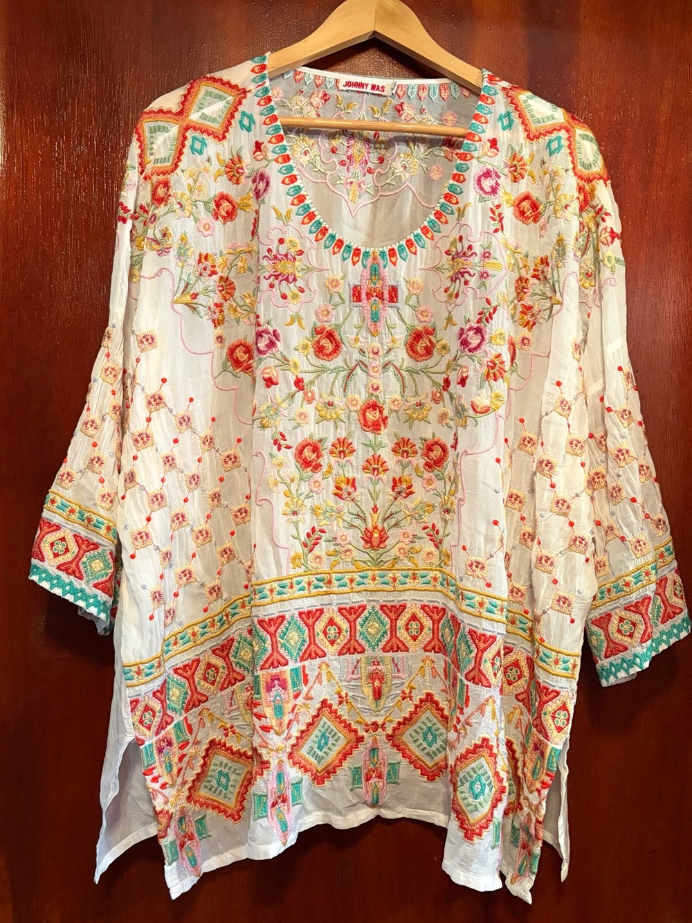 Johnny Was White Embroidered Floral Boho Tunic with Multicolor Accents